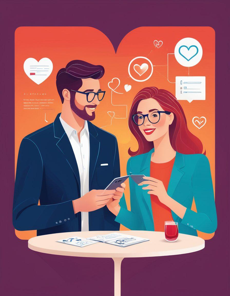 An engaging illustration depicting a modern couple on a date, with a transparent overlay showing icons of background checks like magnifying glasses, checklists, and heart symbols. The couple looks joyful and secure, while contrasting images of potential risks fade into the background. The color palette should be warm and inviting, symbolizing love and security. Incorporate subtle hints of technology in the background to signify the modern approach to dating. vibrant colors. vector art.