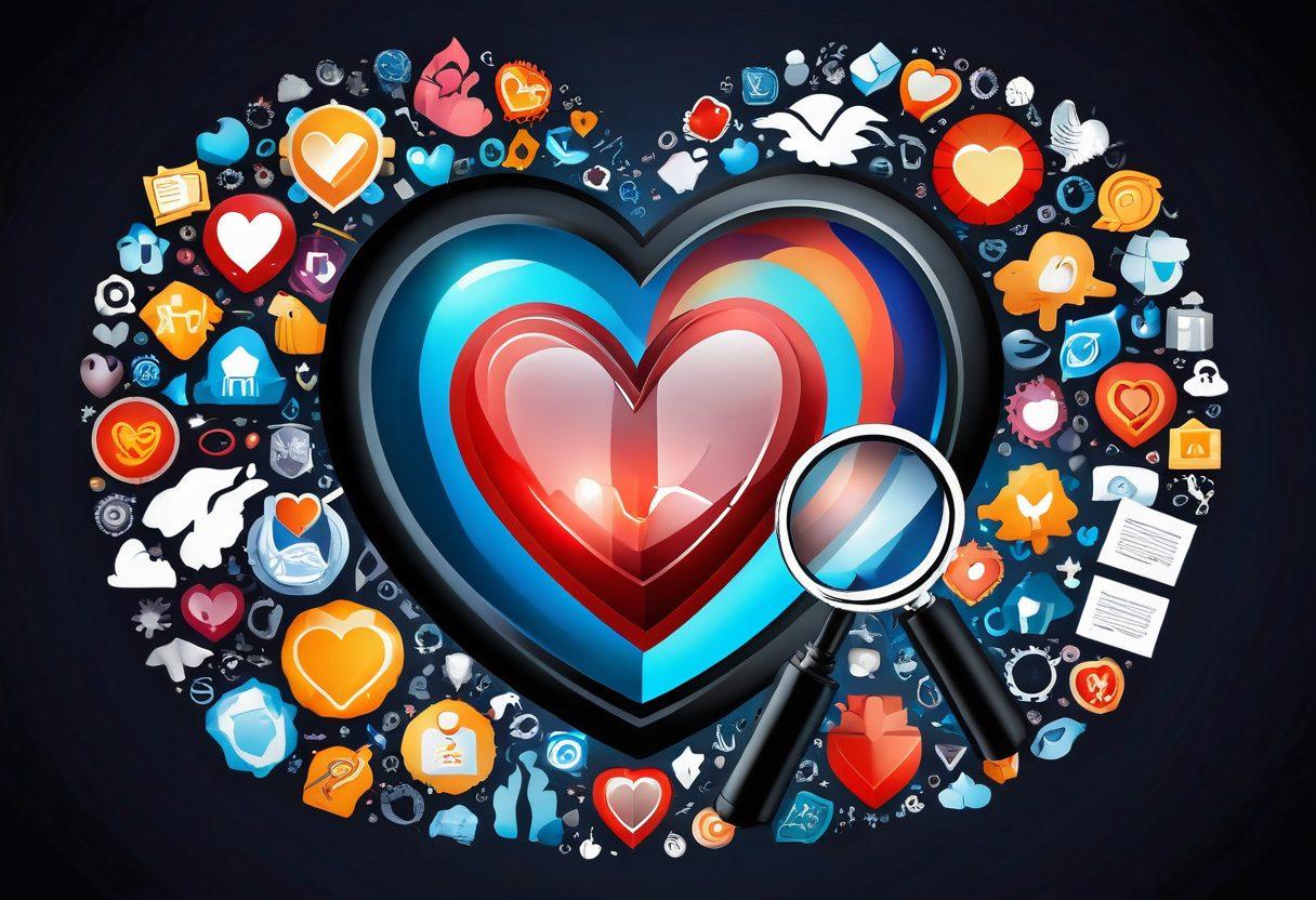An open heart with a magnifying glass inspecting a detailed personal history, surrounded by vibrant symbols of trust like handshake icons and protective shields. A background of contrasting light and dark colors to symbolize the journey of love and caution, creating an emotional yet secure atmosphere. super-realistic. vibrant colors. abstract elements.