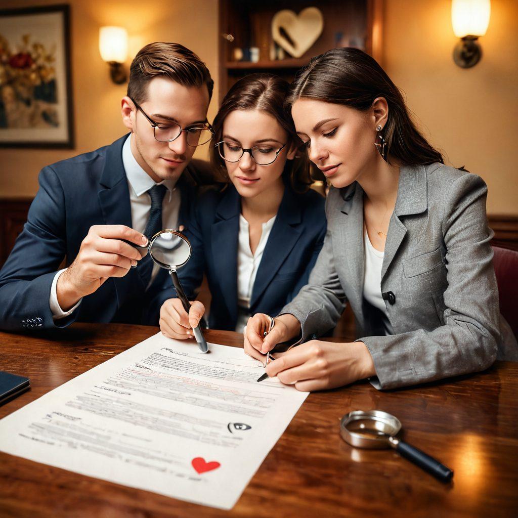 A heartfelt scene depicting a couple sitting together, reviewing documents with a magnifying glass, symbolizing trust and transparency in relationships. In the background, a safe with a heart emblem emphasizes safety, while soft warm lighting creates an inviting atmosphere. Include subtle icons representing verification methods like checkmarks and magnifying glasses. super-realistic. soft warm colors. inviting background.